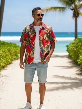 Vintage Resortwear Rina Red Tropical Parrot Print Short Sleeve Button Down Shirt